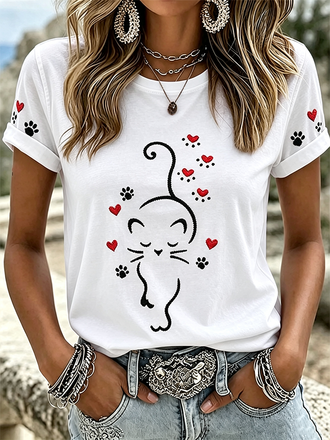 Women'S Cat Printed Casual T-Shirt