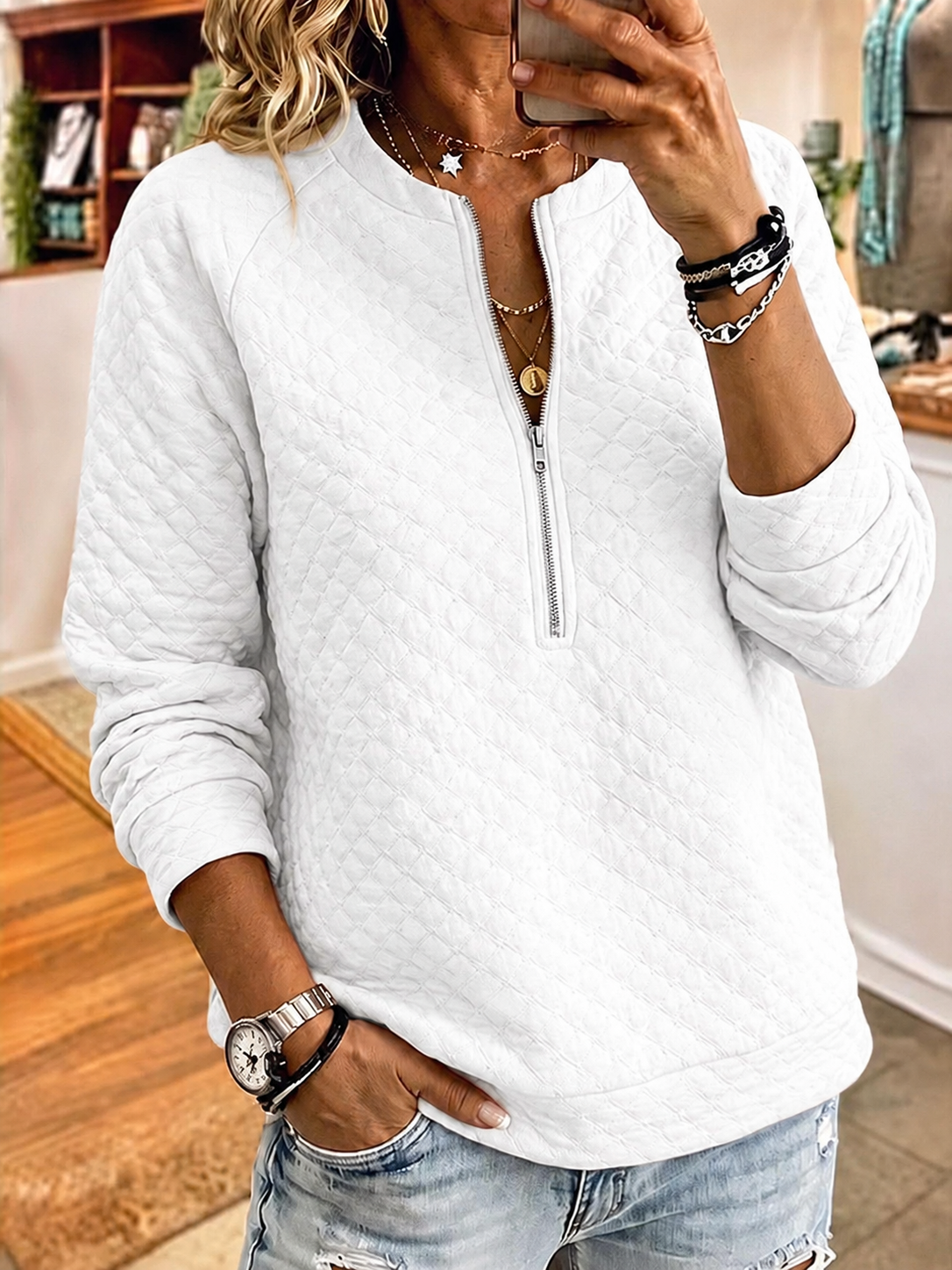 Women'S Casual Solid Color Multi-Color Cotton Diamond Grid Long Sleeved Pullover Sweatshirt