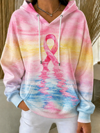 Women'S Breast Cancer Awareness Print Long Sleeve Hooded Sweatshirt