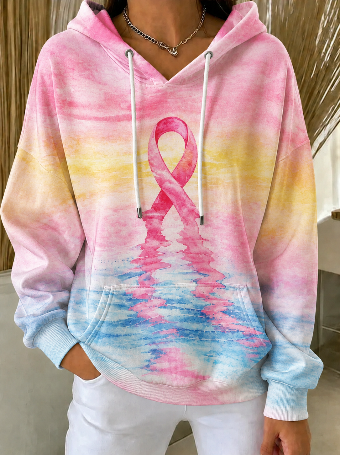 Women'S Breast Cancer Awareness Print Long Sleeve Hooded Sweatshirt