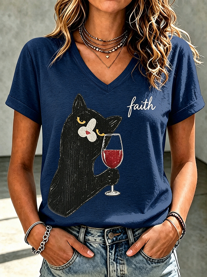 Women'S Fun Cat Simple Printed T-Shirt