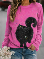 Women'S Casual Black Cat Art Printed Sports Shirt