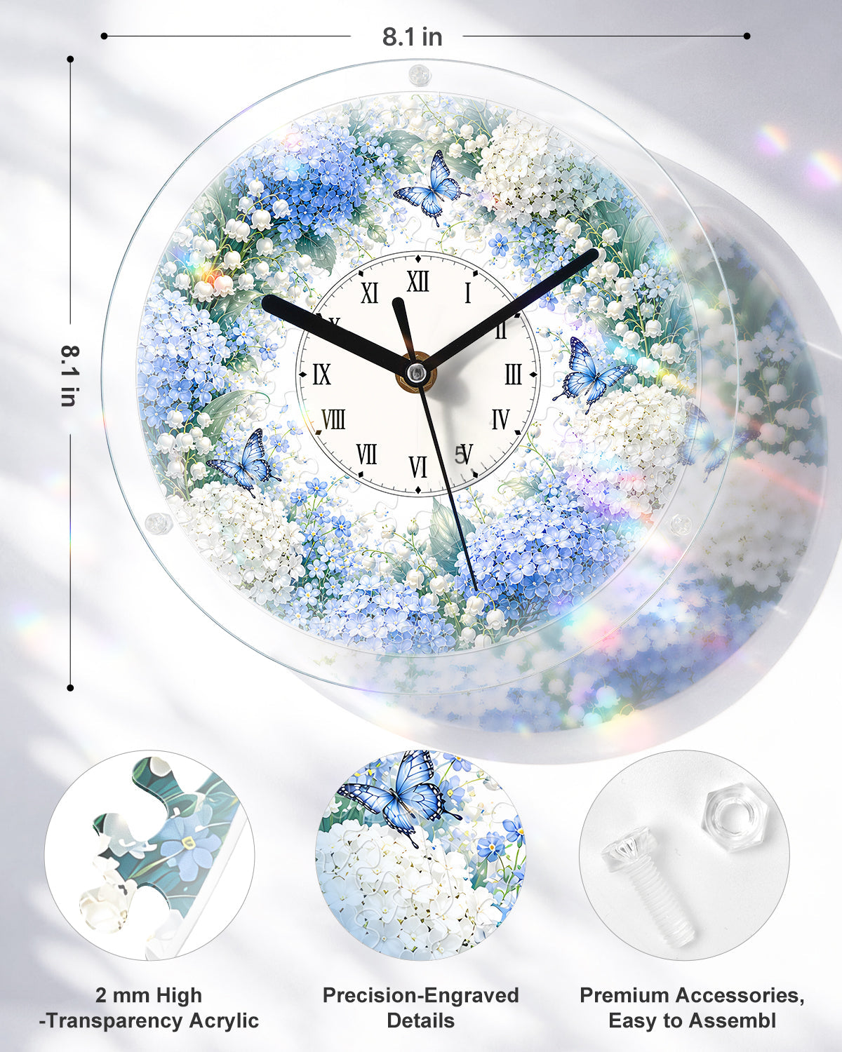 DIY Acrylic Puzzle Clock Kit - Blue Hydrangea Garden