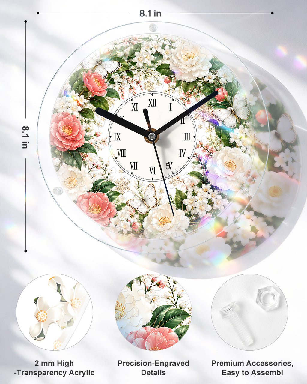 DIY Acrylic Puzzle Clock Kit - Pink White Roses