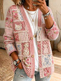 Women'S Pink Cat Floral Printed Casual Cardigan