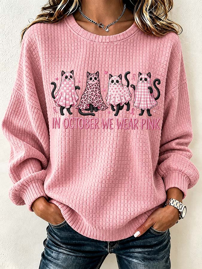 Women'S Waffle Black Kitten Round Neck Checkered Sports Shirt