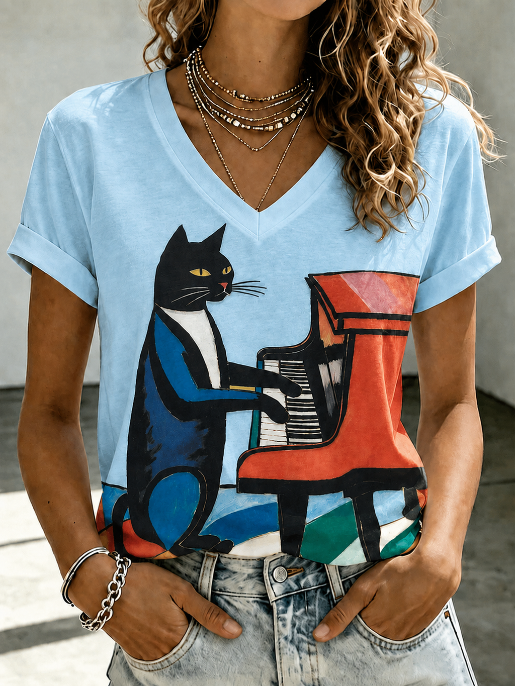 Women'S Cute Cat Printed Casual T-Shirt