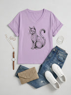 Women's Cat Lover Geometric Black Cat Printed V-neck T-shirt
