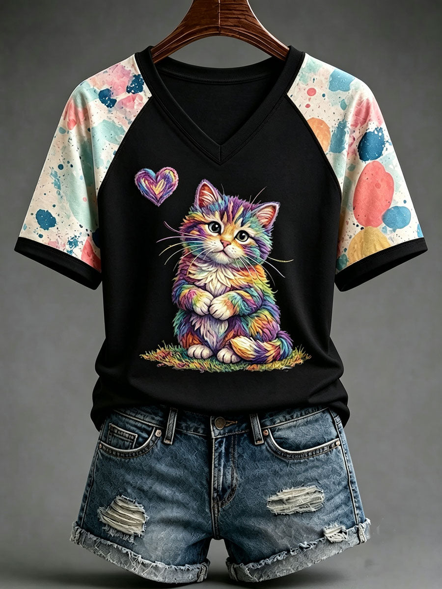 Ladies' Cute Cat Pattern Short Sleeve T-Shirt