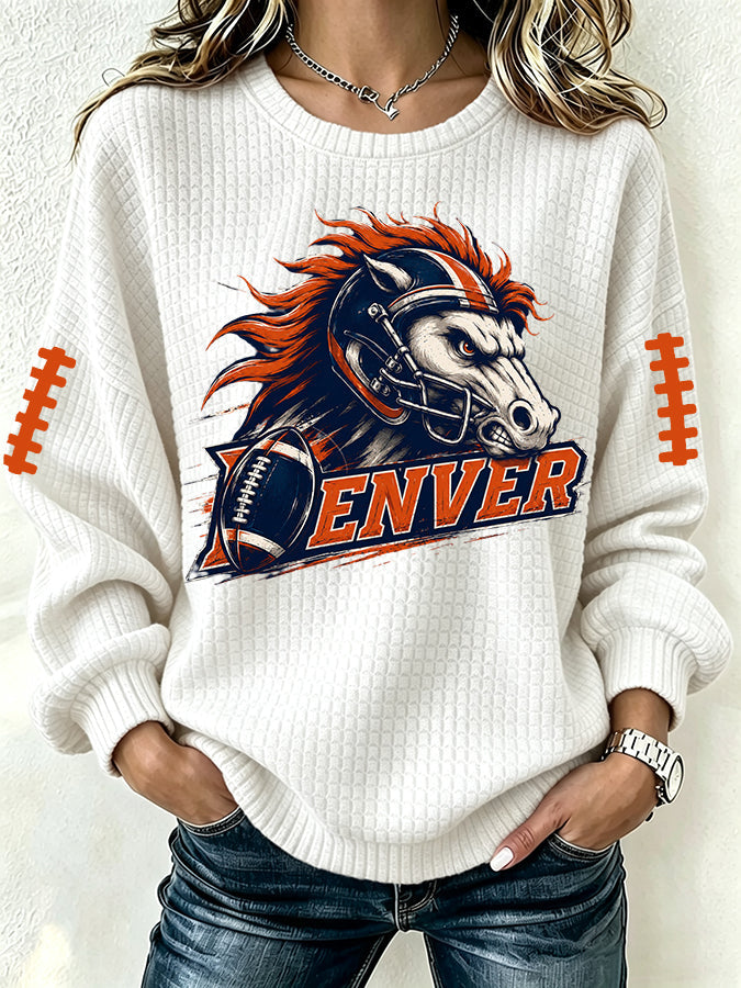 Women'S Football Fan Waffle Long Sleeved Round Neck Sweatshirt