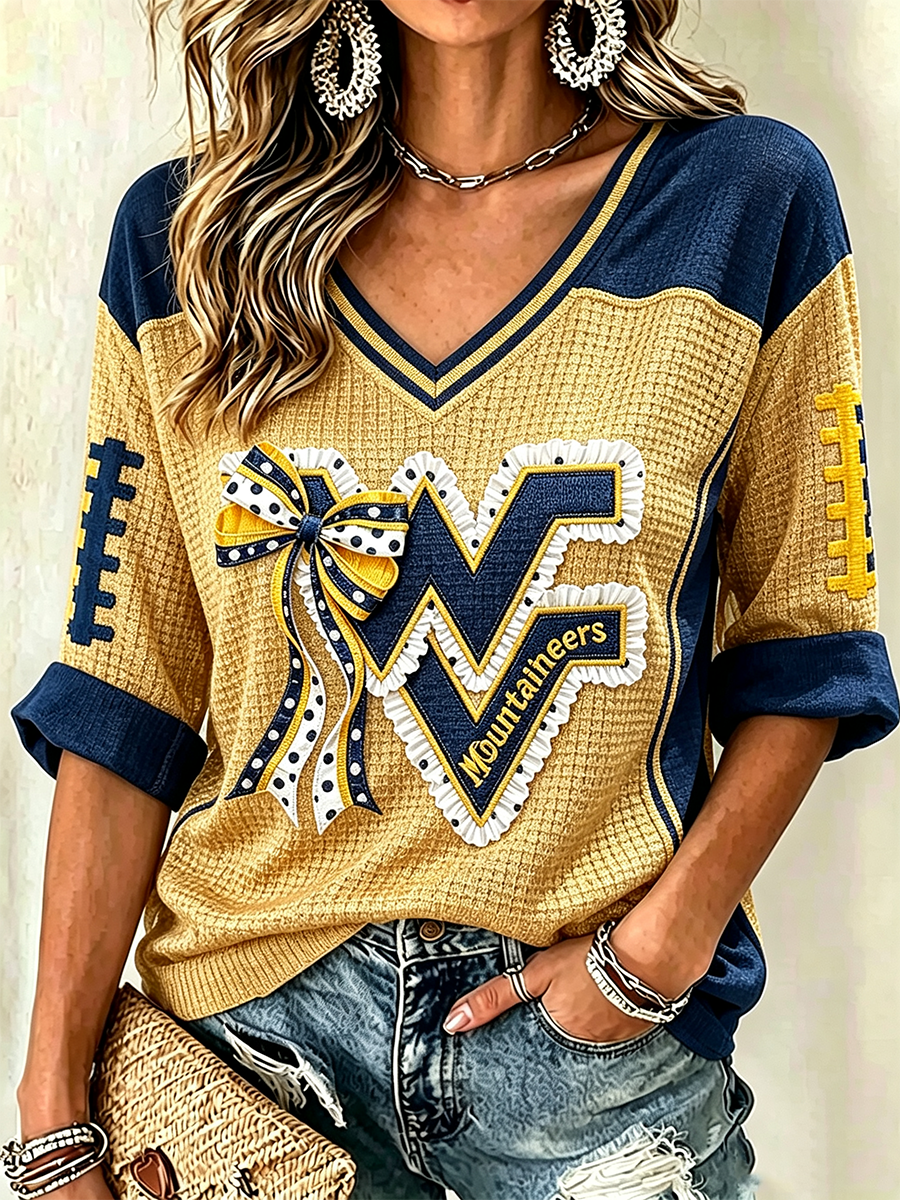 Women'S Rugby Patterned Waffle V-Neck Top