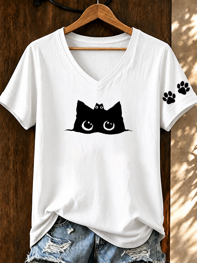Women'S Heartbeat Cat Printed V-Neck T-Shirt