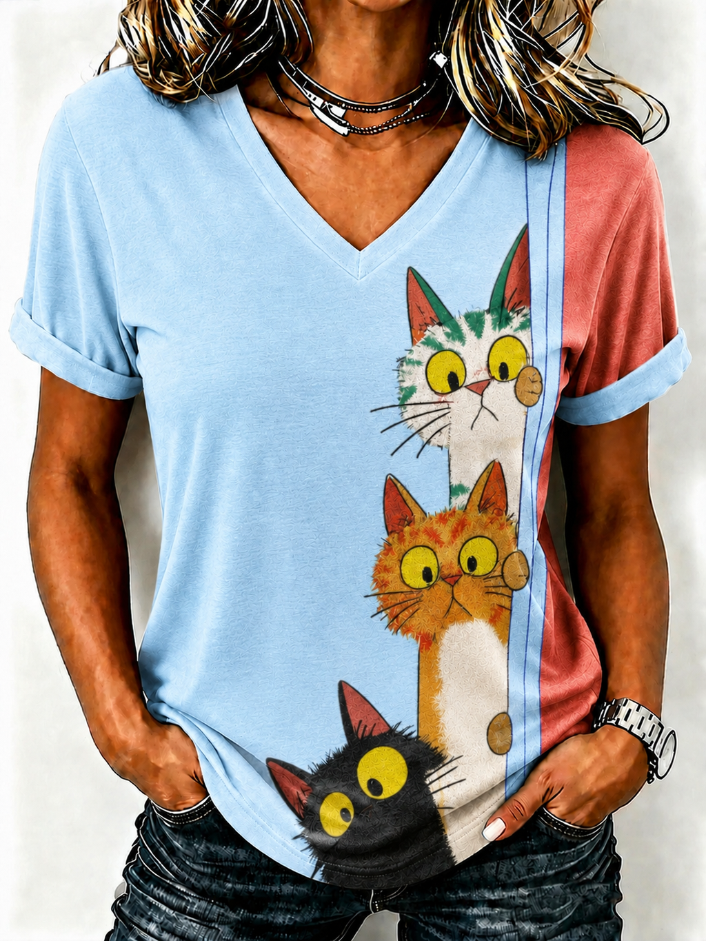 Women'S Cute Cat Printed Casual T-Shirt