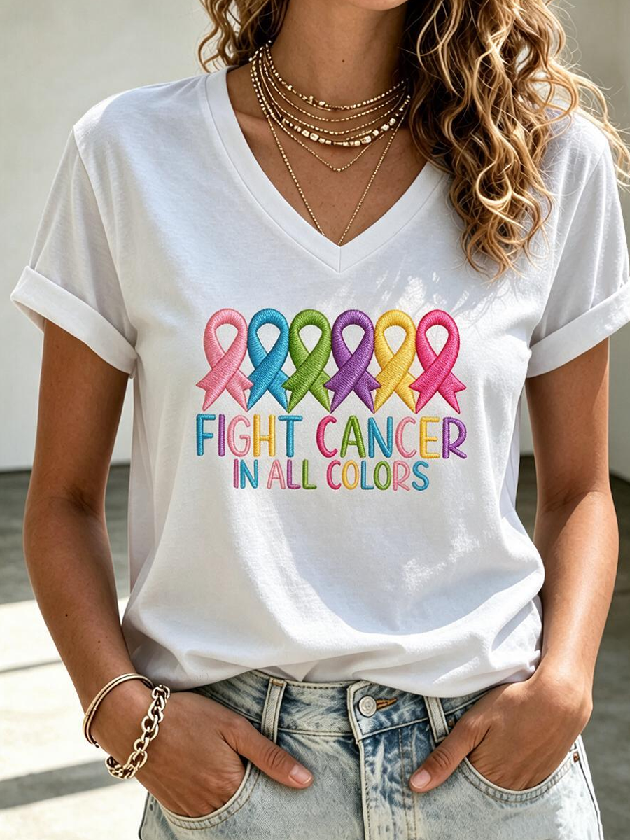 Women'S Casual Cancer Promotion Month Multi Color Round Print Short-Sleeve T-Shirt