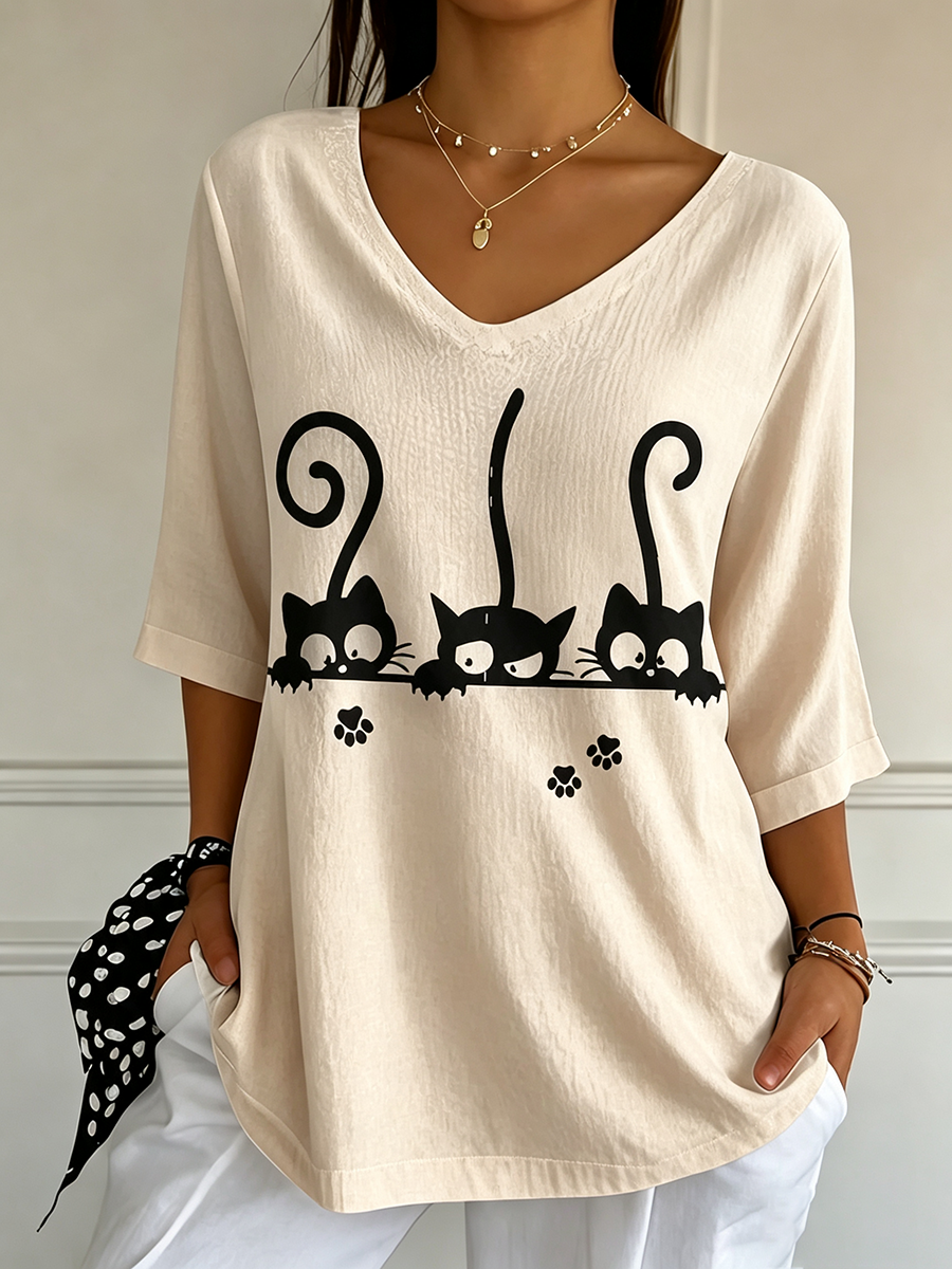 Women'S Cat Printed Casual T-Shirt
