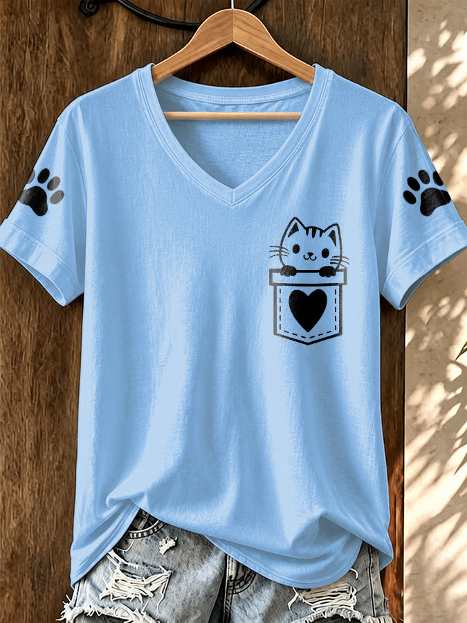 Women'S Cat Printed V-Neck T-Shirt