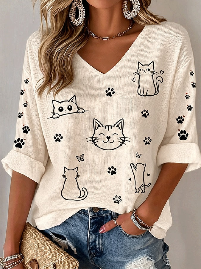 Women's Line Art Cat Paw Print V Neck Waffle Blouse