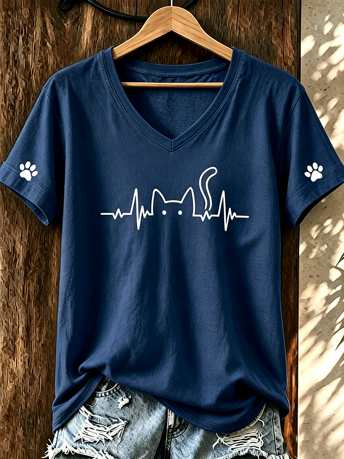 Women'S Cute Cat Print V-Neck T-Shirt