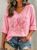 Women'S Cancer Awareness Prevention And Treatment Printed Medium Long Sleeve Tube V-Neck Top