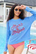 Off To Fireworks Blue Stars And Stripes Embroidered Sweater FINAL SALE