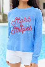 Off To Fireworks Blue Stars And Stripes Embroidered Sweater FINAL SALE