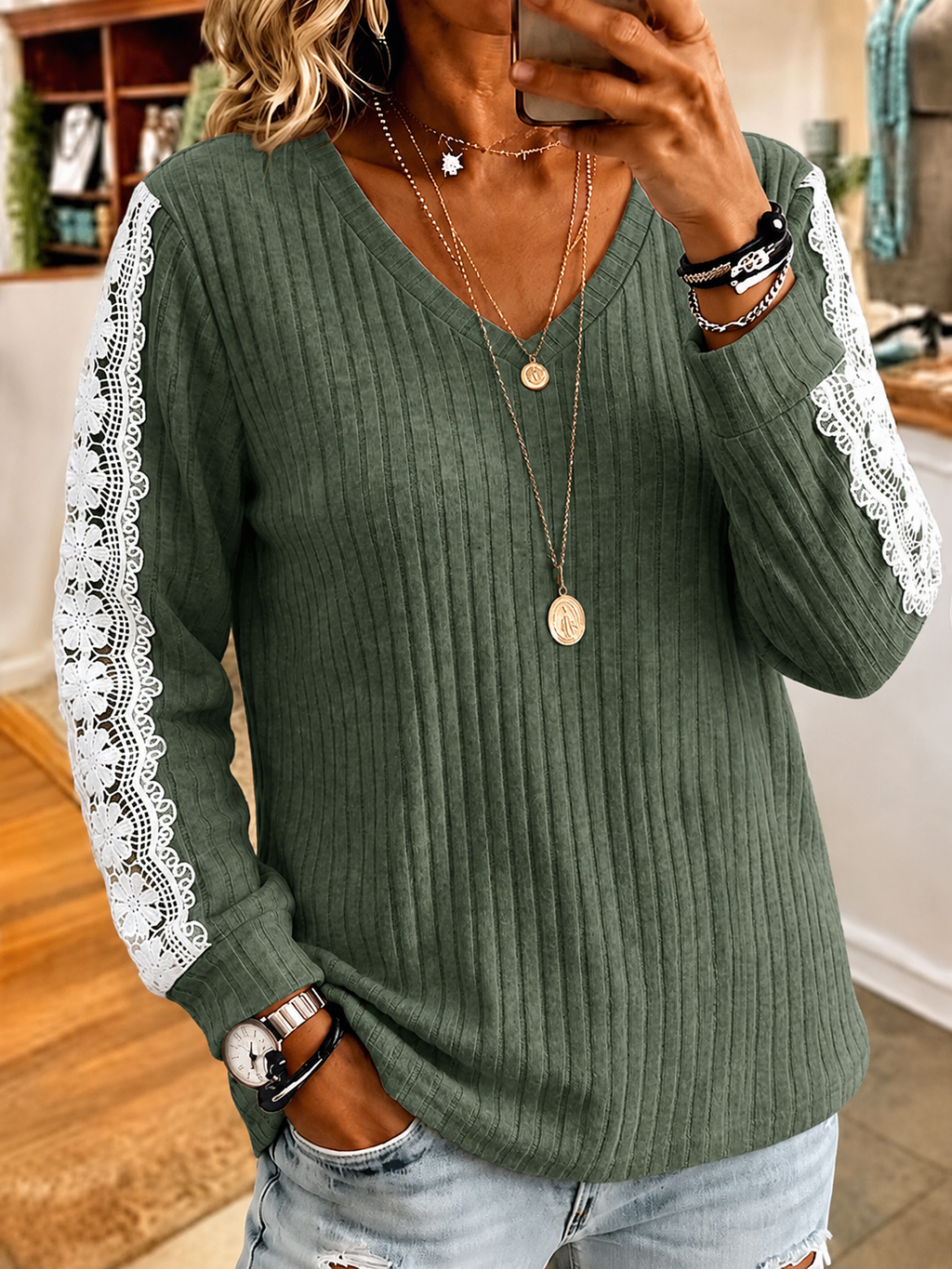 Women'S V-Neck Loose Solid Color Multi-Color Long Sleeved Lace Contrasting Knit Top