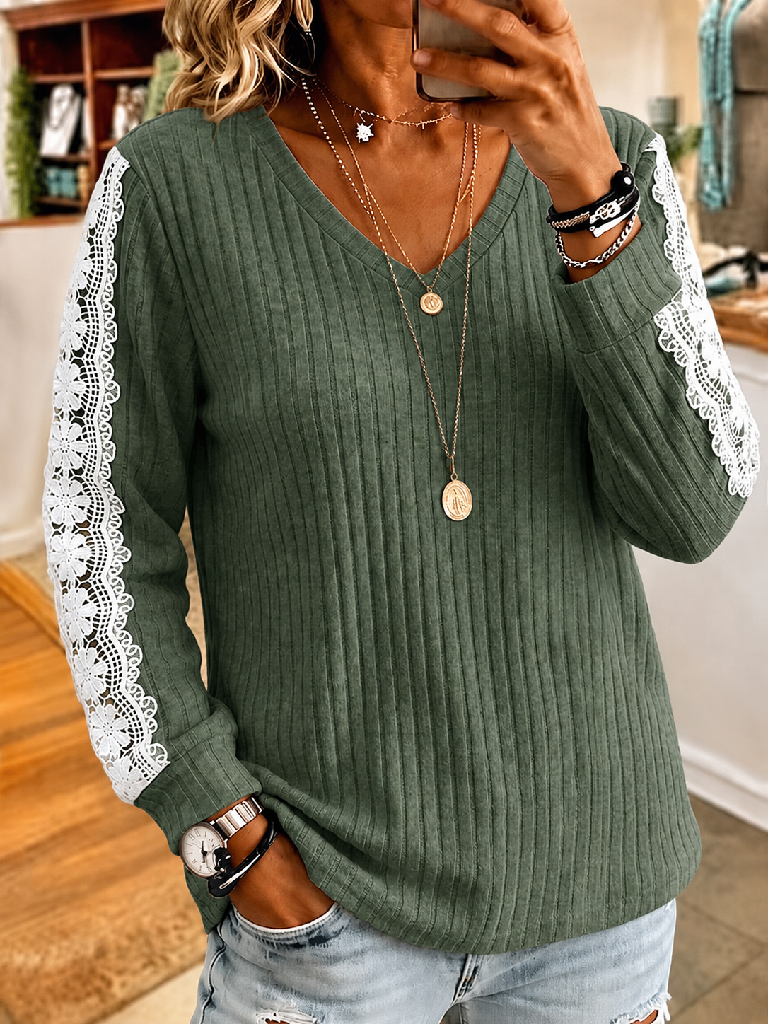 Women'S V-Neck Loose Solid Color Multi-Color Long Sleeved Lace Contrasting Knit Top