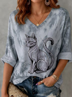 Women's Cat Lover Geometric Black Cat Printed V-neck T-shirt