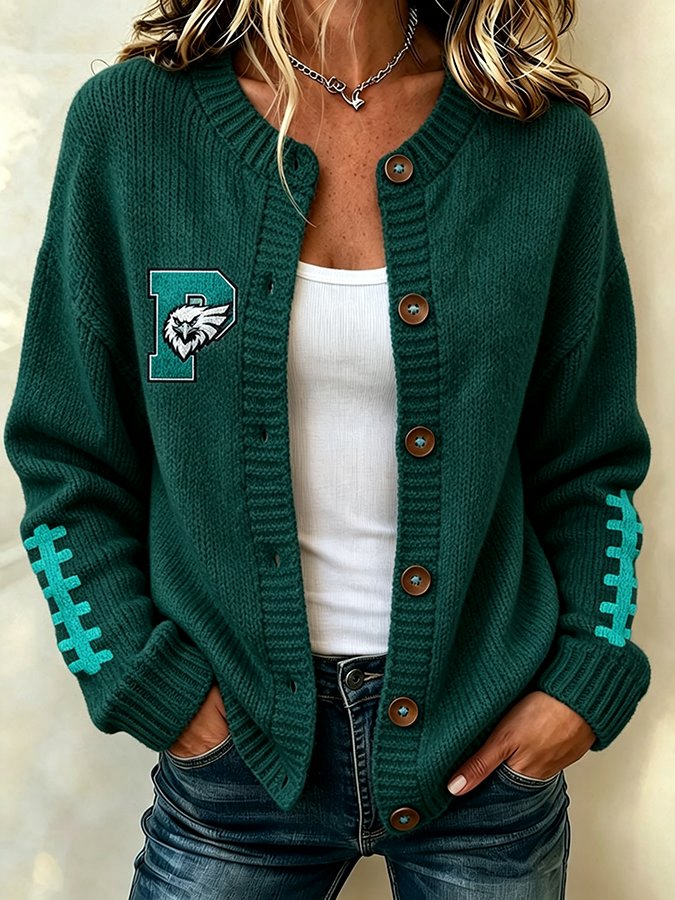 Women'S Football Printed Knitted Cardigan