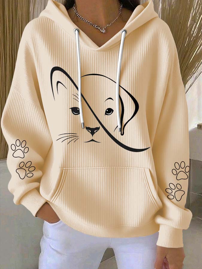 Women'S Cute Cat And Dog Print Hooded Knitted Long Sleeved Sportswear