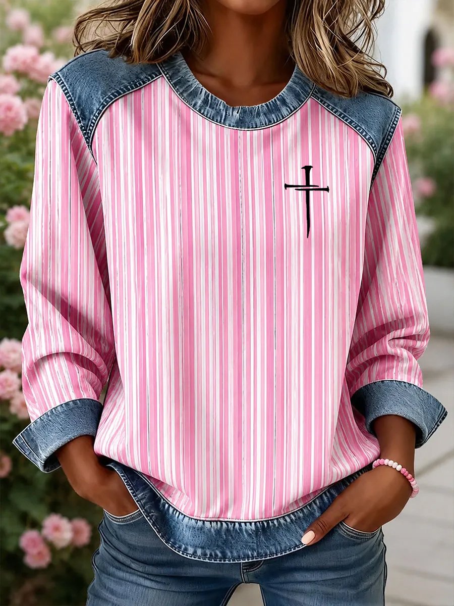Women's Pink Stripes Print Sweatshirt