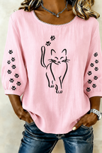 Elegant Cat Print Round Neck Top For Women'S Clothing
