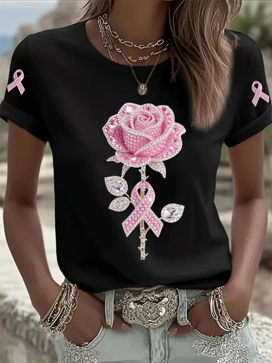 Women's Pink Rhinestone Floral Print Crew Neck T-Shirt