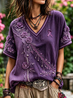 Women'S Floral Patterned Cotton And Linen Casual Top