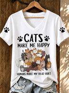 Women'S Cute Cat Printed Casual V-Neck T-Shirt