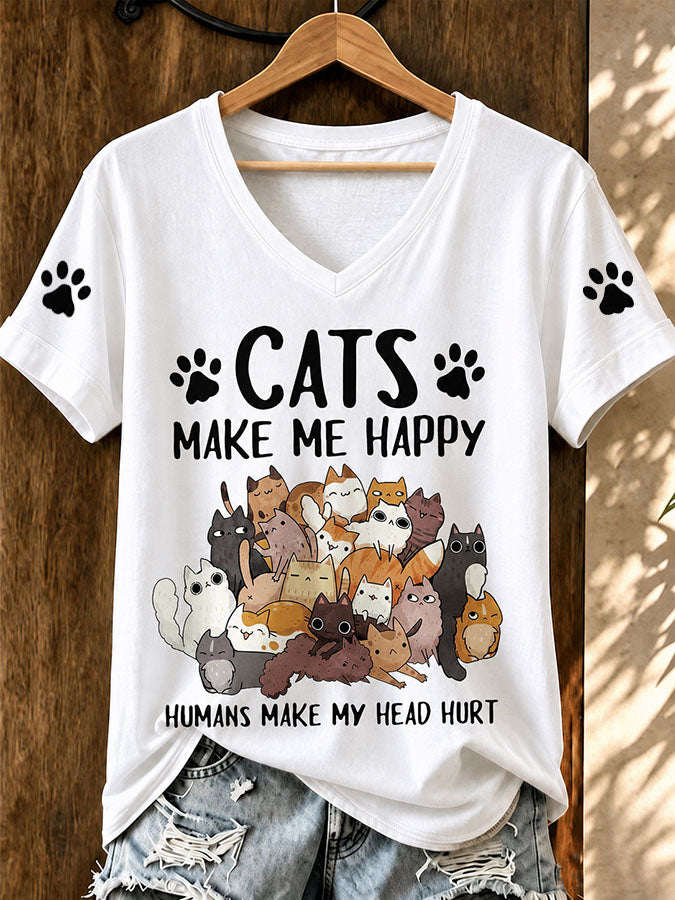 Women'S Cute Cat Printed Casual V-Neck T-Shirt