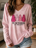 Women's In October We Wear Pink Ghost Embroidery Long Sleeve V Neck Tee