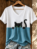 Women'S Cute Cat Printed Casual V-Neck T-Shirt