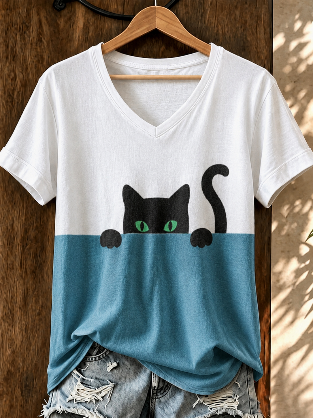 Women'S Cute Cat Printed Casual V-Neck T-Shirt