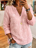 Women'S Pink Multi-Color Lace Embroidered Long Sleeved Shirt
