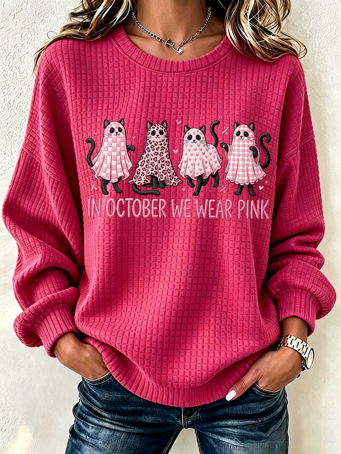 Women'S Waffle Black Kitten Round Neck Checkered Sports Shirt