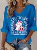 Women'S In October We Wear Pink Print Waffle  Top