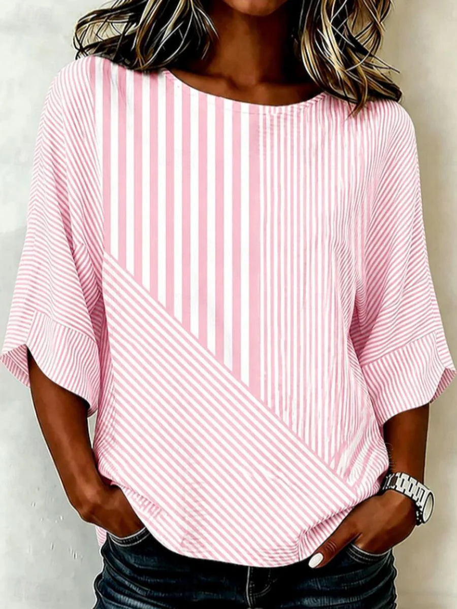 Women'S Classy Pink Striped Patchwork Art Print Linen Mid-Sleeved T-Shirt
