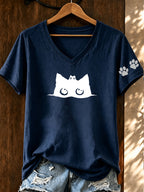 Women'S Heartbeat Cat Printed V-Neck T-Shirt