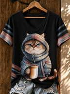 Women'S Cute Cat Printed Casual V-Neck T-Shirt