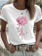 Women's Pink Rhinestone Floral Print Crew Neck T-Shirt