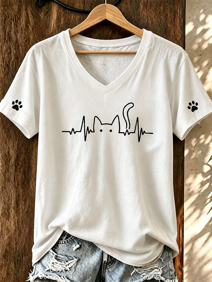 Women'S Cute Cat Print V-Neck T-Shirt