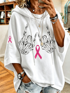 Women's Casual Skull Hand Pink Ribbon Loose Hooded Sweatshirt