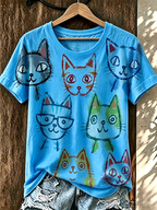 Women'S Fun Cat Sketched Round Neck T-Shirt