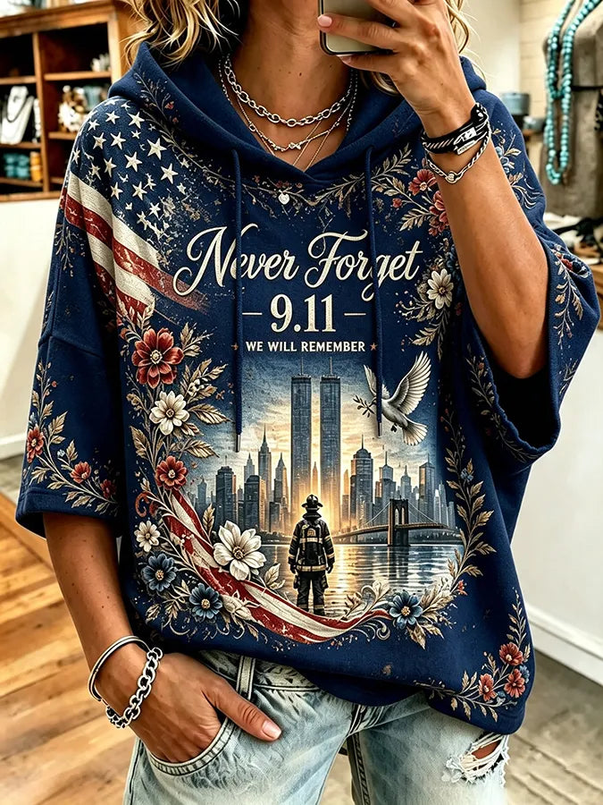 🕯️Women's Retro  9.11 Never Forget Print  Hooded Sweatshirt